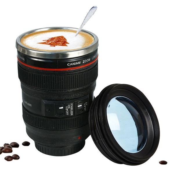 

new dining 400ml stainless steel camera lens mug with lid new fantastic coffee mugs tea cup novelty gifts caneca lente cups drinkware