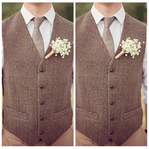 Venda 2021 Brown Tweed Vest Brown Lã Herringbone Noivo Coletes Mens Terno Slim Fit Vestido Vest