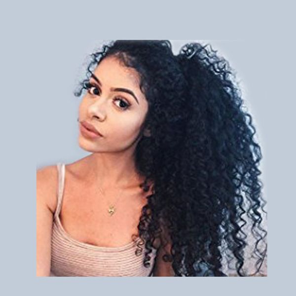 

selling kinky curly ponytail human hair , clipi in drawstring ponytail brazilian hair 4 color with 2 pieces combs for women 140g, Black