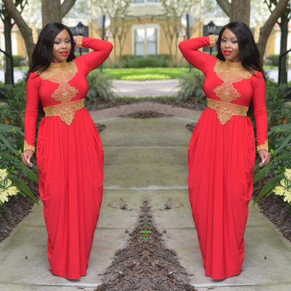 

Morrocan Kftan Red Gold Beads Evening Dresses High Neck Long Sleeve African Style Muslim Prom Formal Gowns Custom Made Turkish Dubai Dresses