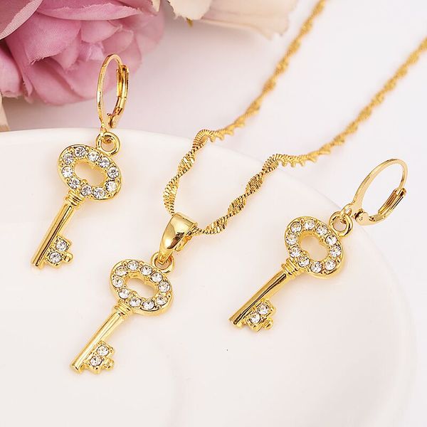 

fashion necklace set women party gift solid fine gold filled crystal cz key pattern pendant earrings african jewelry sets, Silver