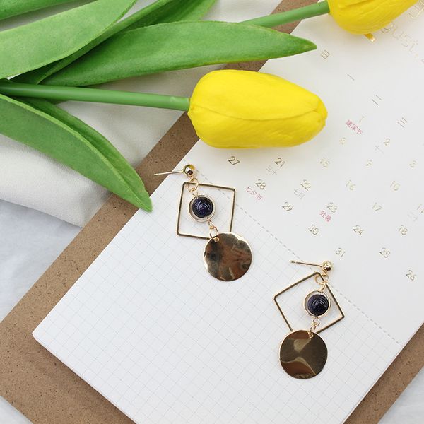 

new fashion geometric square frame round metal earrings lapis beads simple atmosphere wild temperament women's earrings ear jewelry, Silver