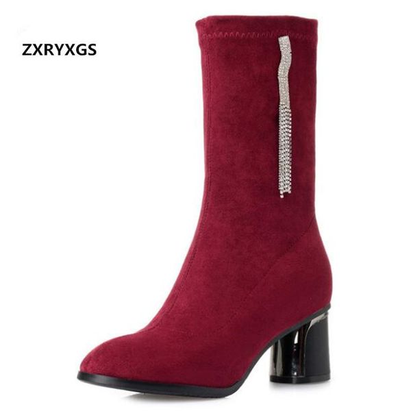 

2018 autumn new stretch velvet women boots single high heel thick with tassels fashion shoes woman in-tube boots black red