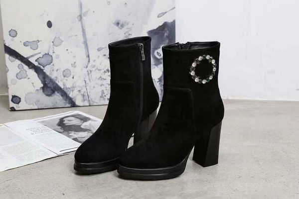 

luxurious louise womens high platform heel 10cm diamond ankle short knight martin boots shoes suede leather footwear size 35-40, Black