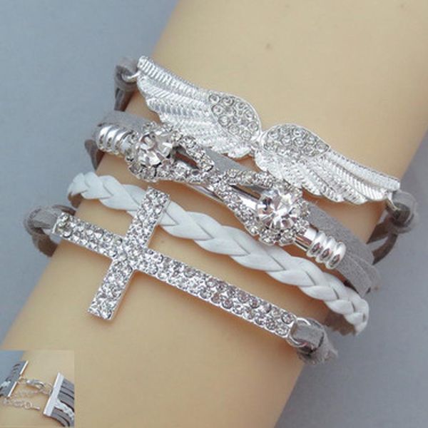 

new fashion elegant crystal cross infinity wings pu leather charm bracelet bangle for women jewelry accessories, Golden;silver