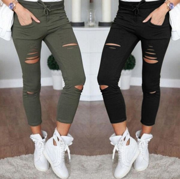 

new 2016 skinny jeans women denim pants holes destroyed knee pencil pants casual trousers black white stretch ripped jeans, Blue