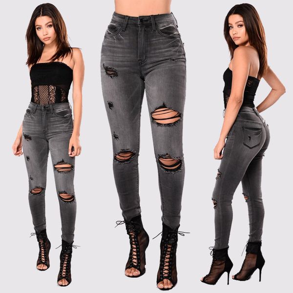 

qmgood ripped torn jeans for women street style vintage high waist jeans trousers female casual pencil denim pants gray-black, Blue