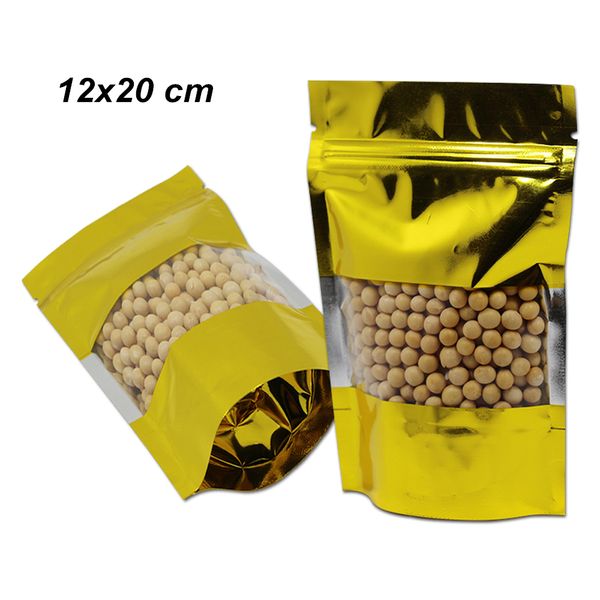 12x20 cm 100 peças de ouro Stand Up Alumínio Zipper Food válvula reutilizável sacos de embalagem Mylar Foil Limpar janela Armazenamento de Alimentos Embalagem Pouch