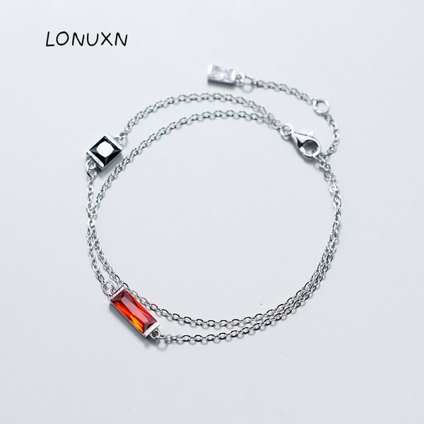 

fine jewelry red black cubic zirconia stone ladies party bracelet rectangular 925 sterling silver jewelry chain charm bracelet, Golden;silver