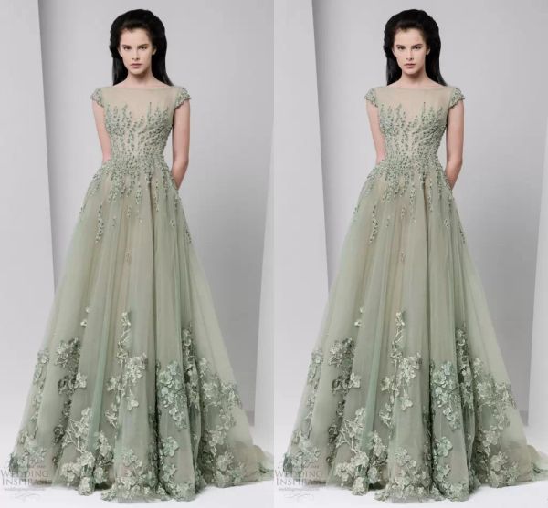 

tony ward latest prom dresses a line sheer neck applique beads cap sleeve floor length evening gowns tulle custom made formal party dresses, Black