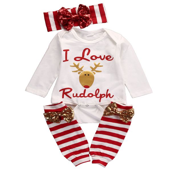 

2018 christmas xmas newborn baby girl i love rudolph romper leg warmers bow headband outfits cotton kids clothes 3pcs, Blue