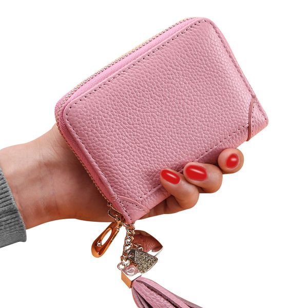 

fashion genuine leather women card holder tassel 20 cards slots girls id case bag capacity purse wallet 6 color flap, Brown;gray