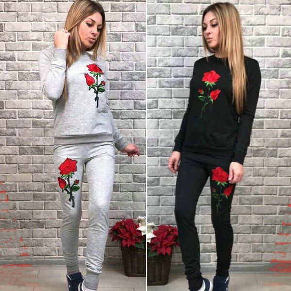 

new women autumn winter black grey sportwear sets floral drawstring yoga set long sleeve sweatshirt long sports pants tracksuits, White;red
