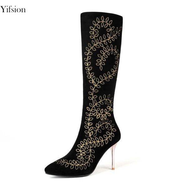 

yifsion women knee high boots thin high heels boots stylish pointed toe elegant black party prom shoes women us size 3-13