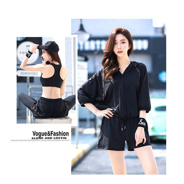 

4 piece set women yoga patchwork yoga bra shirt elastic quality sports suit clothes outdoor fitness running clothes, White;black
