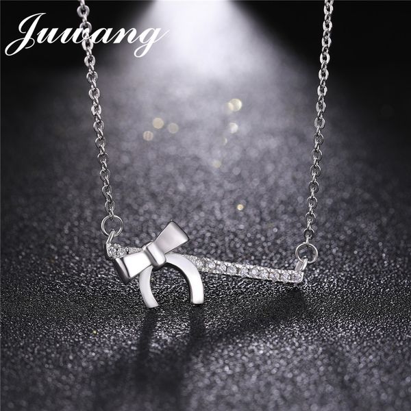 

juwang new bowknot shape cz necklace for women girl elegant long chain necklace choker jewelry gift wholesale, Silver