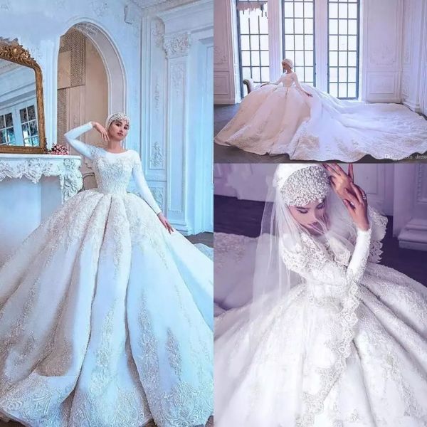 Luxo Muçulmano Vestidos de Casamento Manga Comprida Lace Ball Gown Vestidos de Noiva Dubai Arábia Saudita Disse Mhamad Vestidos de Casamento Custom Made