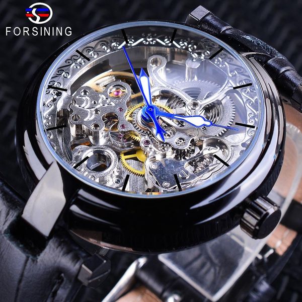 

forsining retro fashion skeleton clock blue hands men's mechanical watches black genuine leather luminous hands horloge mannen, Slivery;brown