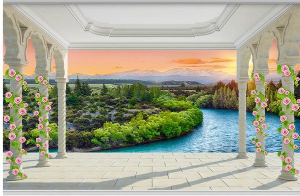 Fototapete Hochwertige 3D-Stereoskopische Balkon-Römische Säule Sonnenaufgang Flusslandschaft 3D-TV-Hintergrundwandkunst-Wandbild Für Wohnzimmer L