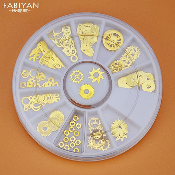 

12 style 3d tips nail art wheel watch parts skeleton punk rock gold tone metal slice gear foils decals decoration tools manicure, Silver;gold