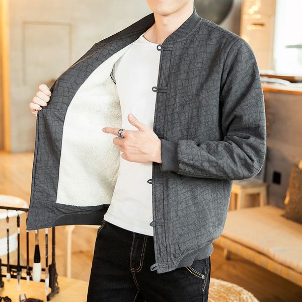 

2018 winter men chinese style parkas solid color single-breasted pleated stand collar casual short coat male fleece, Black