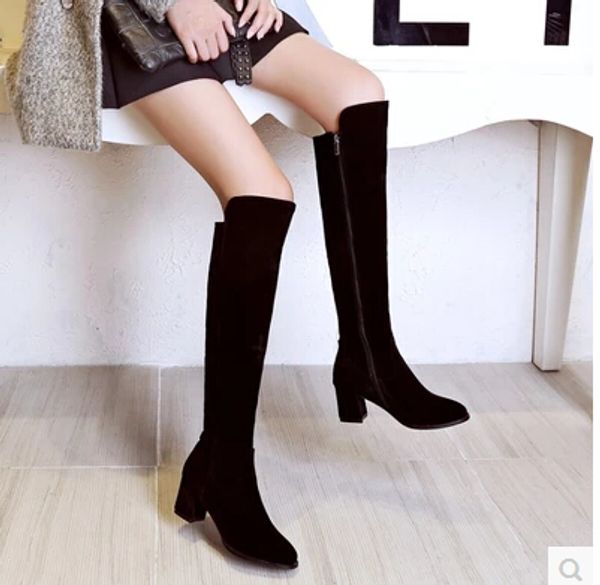 

large size women's shoes 41-43 winter new thick with boots zipper gaotong high-heeled knee boots were thin knight, Black