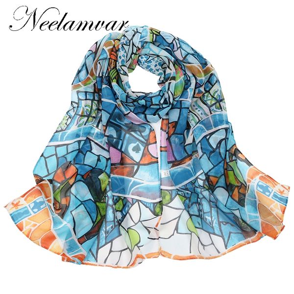 

neelamvar new 2017 casual geometric scarf women gradual chiffon silk wrap foulard long soft female scarves brief beach towel, Blue;gray