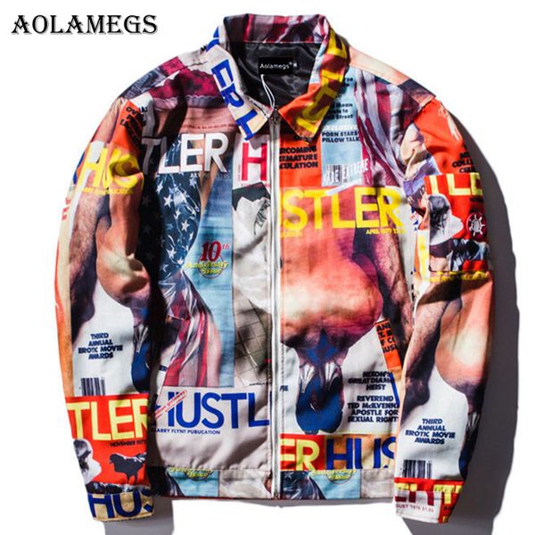 

aolamegs jackets men patchwork picture thin jacket tracksuit zipper coats hip hop fashion casual male windbreaker streetwear, Black;brown