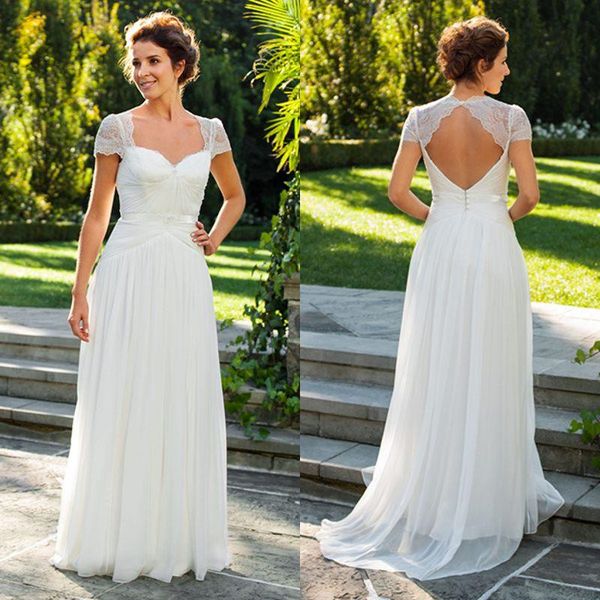 

a line sweetheart beach ivory chiffon wedding dresses with short sleeve lace backless garden country bridal wedding gowns, White