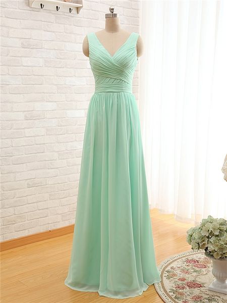 Mint verde longo chiffon vestido de dama de honra 2018 gola v barato uma linha de vestidos de dama de honra plissados ​​sob 100