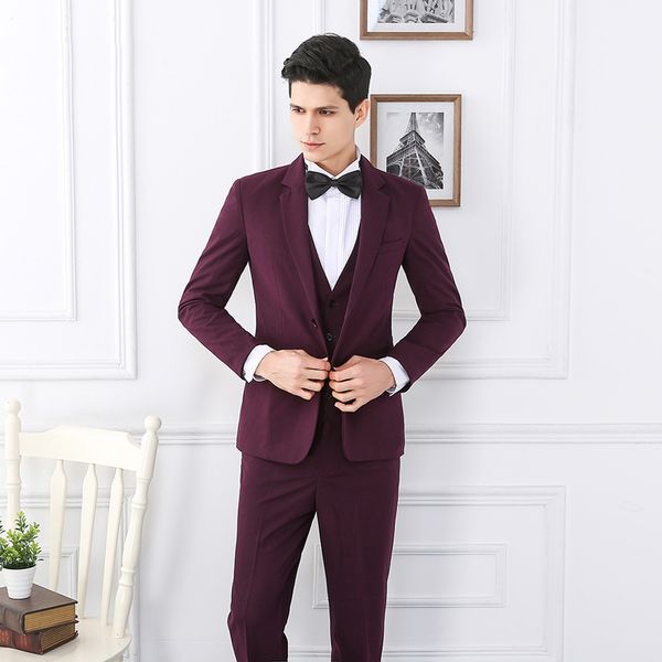 

latest designs burgundy men's wedding suits slim fit groom tuxedos custom made man blazers jacket pants vest 3 pieces prom evening part, Black;gray