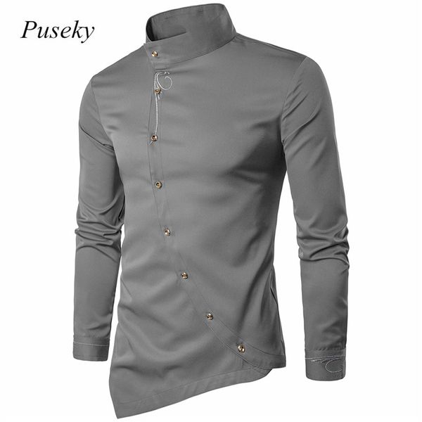 

2018 new autumn men's oblique button irregular casual stand collar slim breathable long sleeves shirt with embroidery xxl, White;black