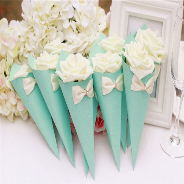 

wedding candies boxes rose paper flowers cone shape bowknot diamond various color candies boxes paper boxes