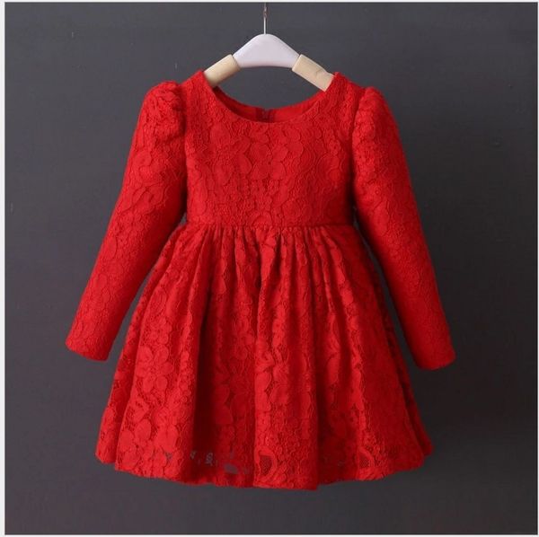 Acheter 2018 Filles Robe De Princesse En Dentelle Rouge Automne Hiver Jolie Fille épaissir Robes Chaudes Enfants Robe à Manches Longues En Dentelle