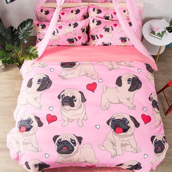 Pink Pug Bedding Set Cute Dog Animal Duvet Cover Sets Twin Full
