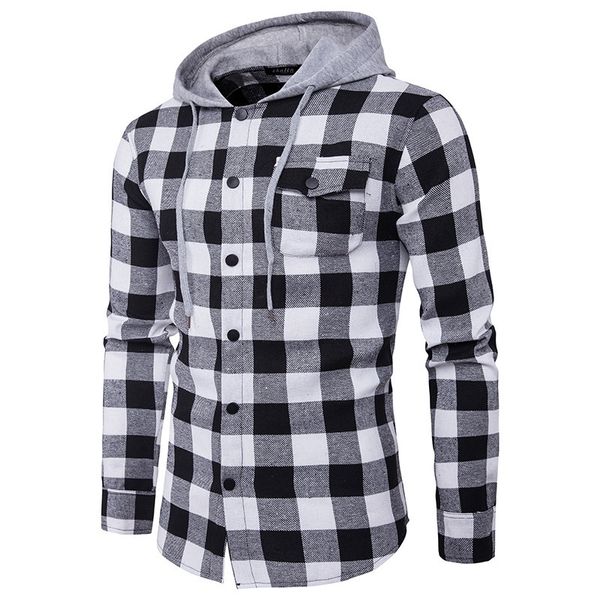 

men's jackets classic contrast color large plaid shirt single-breasted hooded shirt, Black;brown