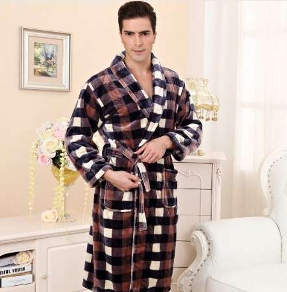 

men's flannel bathrobe coral fleece homewear male winter warm clothes couple pajamas bathrobe plaid sleeprobe d-2147, Black;brown