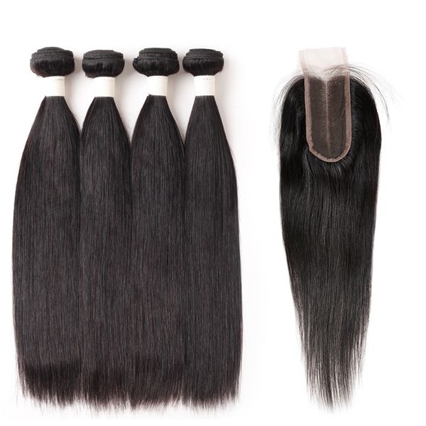 

ishow новое прибытие 9а перуанские прямые пучки волос 4 шт. с 2 * 4 кружева закрытие с волосами младенца оптовая дешевые бразильские плетени, Black