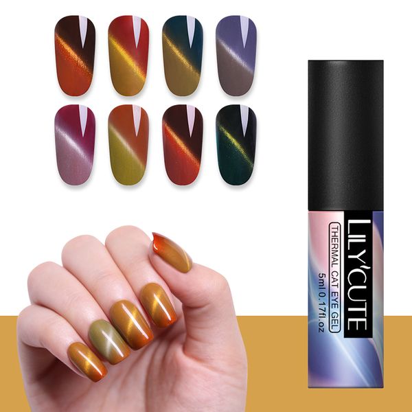 

lilycute 3d magnetic cat eye thermal gel polish soak off uv gel temperature color changing nail art varnish nail design 5ml, Red;pink