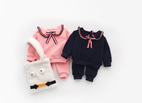 

2018 winter baby boys and girls lace collar color long sleeve casual fleece suit, White