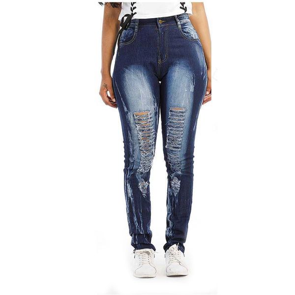 

celebrity women denim hole jeans spring autumn style ripped skinny gloria jeans high waist scratched pencil pants mom trousers, Blue