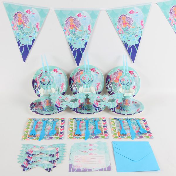 

70pcs/lot cartoon mermaid disposable party tableware birthday ocean theme party utensils set decoration for kids supplies