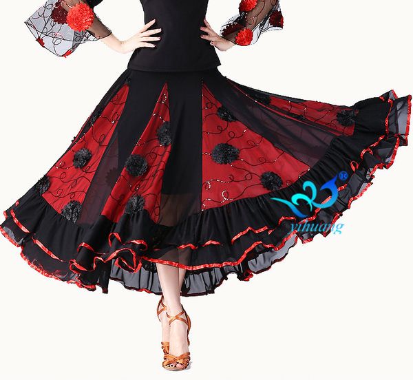 

ladies long swing dance skirt costume women belly dance waltz flamenco ballroom dress competition outfits spain dancer skirts, Black;red