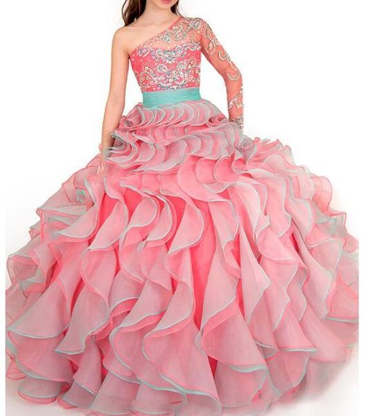 

2019 ball gown pink one shoulder little girl pageant dresses long sleeve beaded baby girl party wear dresses, White;blue
