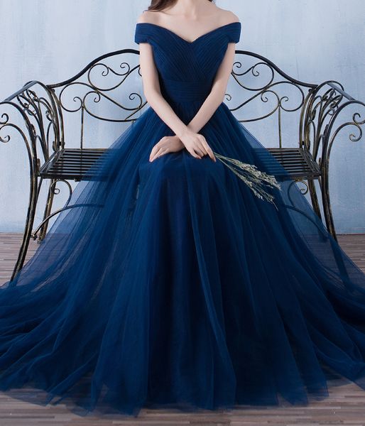 Plissados ​​de tule azul marinho vestidos de dama de honra do ombro até o chão vestido de festa de casamento Custom Made Plus Size