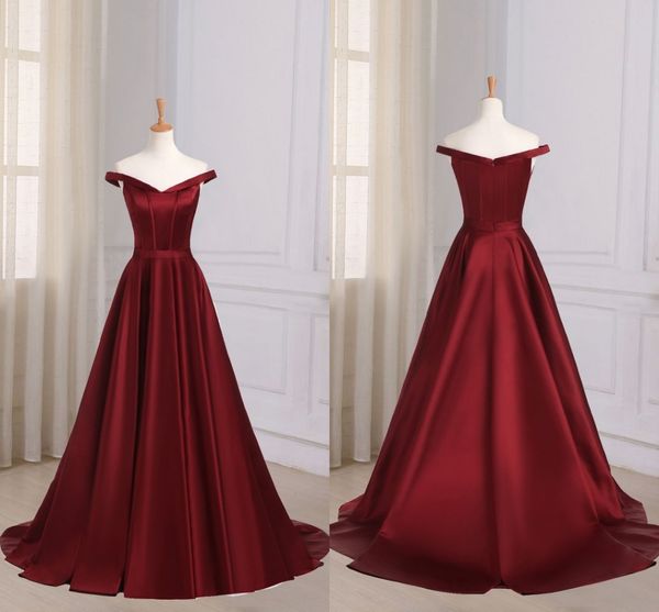 Винно-красные платья вечерние платья носить формальные платья с плеча с рукавами линии атласная длина пола платье выпускного вечера дешево