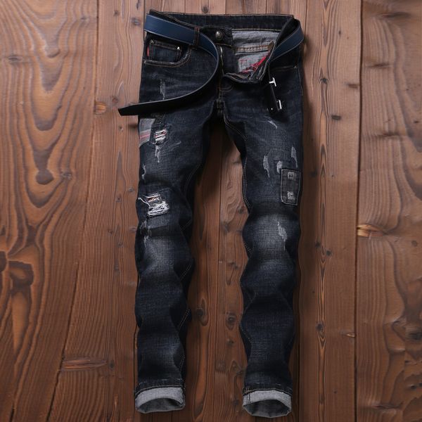 

men jeans pants slim motorcycle denim pants full length trousers summer holes splicing ripped vintage black denim straight pant, Blue