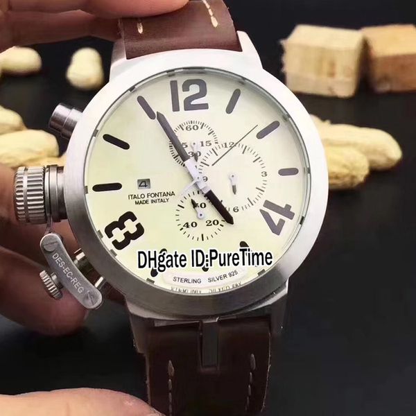 

new u-51 u51 pvd steel case white dial black mark miyota quartz chronograph date satch mens watch brown leather strap white line ub56b2, Slivery;brown