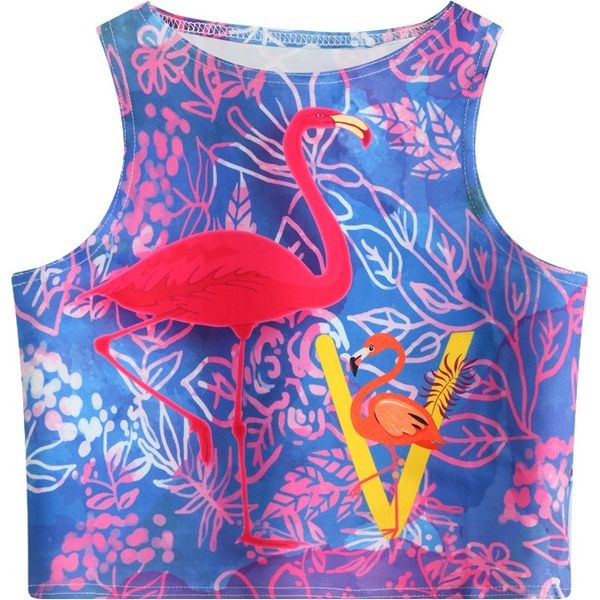 

women crop 2018 summer floral flamingo flower pattern print slim fit tank casual skinny vest for girl short design cami blue, White
