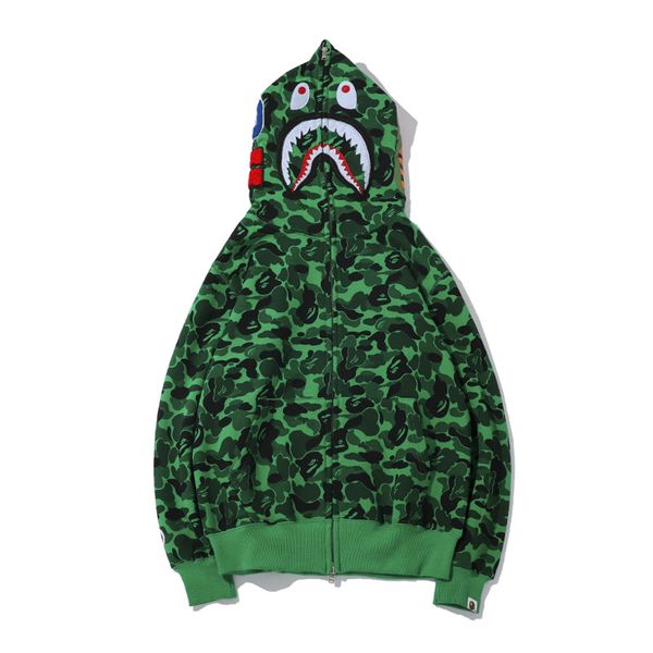 

autumn winter new teenager green camou shark head print fleece zipper hoodies sweater men women loose casual jacket, Black
